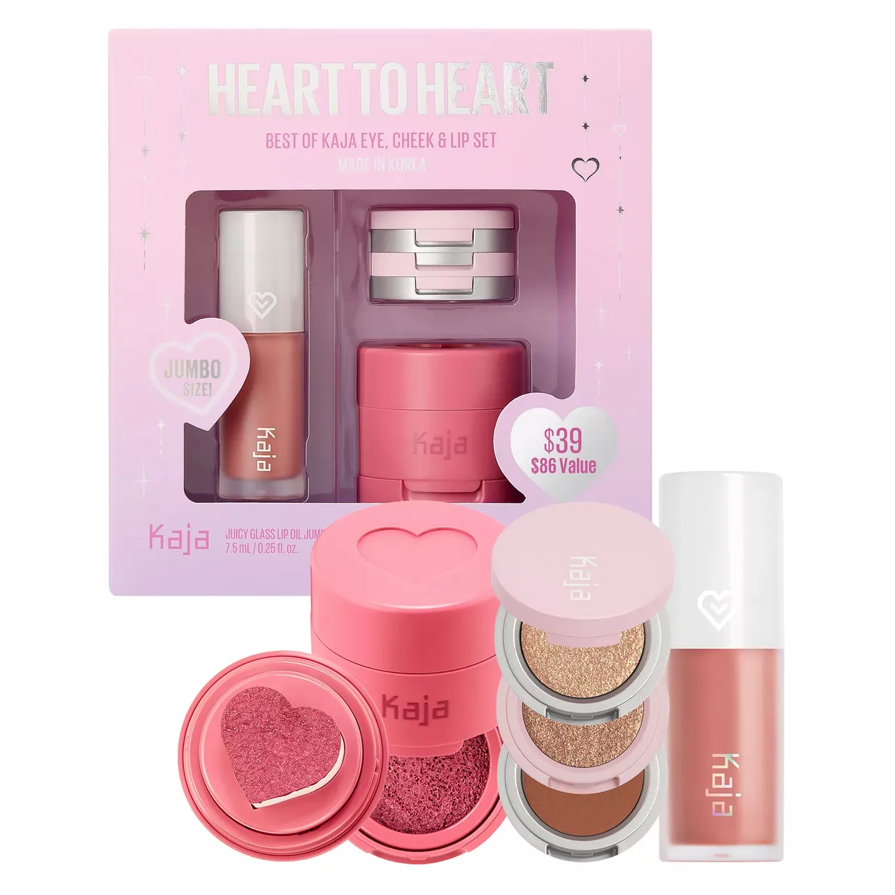 Kaja Heart to Heart set includes a jumbo lip oil, cheek stamp, and three shimmer eyeshadows. Valued at $86, it's priced at $39.