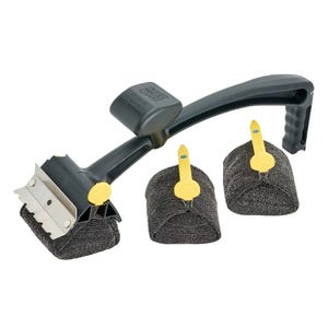 Grill cleaning tool set with a long-handled scraper and brush, featuring a replaceable steel wool pad attachment for cleaning grates. Includes two additional steel wool replacement pads.