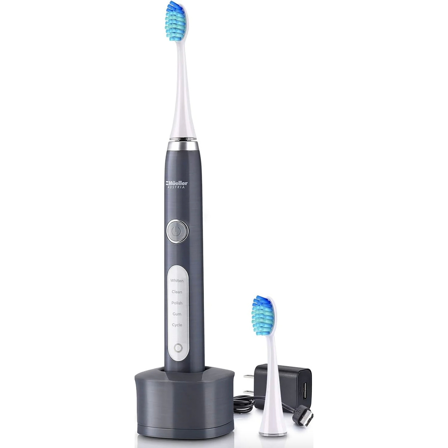 Electric toothbrush set with two brush heads, charging base, and power adapter. Features modes: Whiten, Clean, Polish, Gum, Cycle.