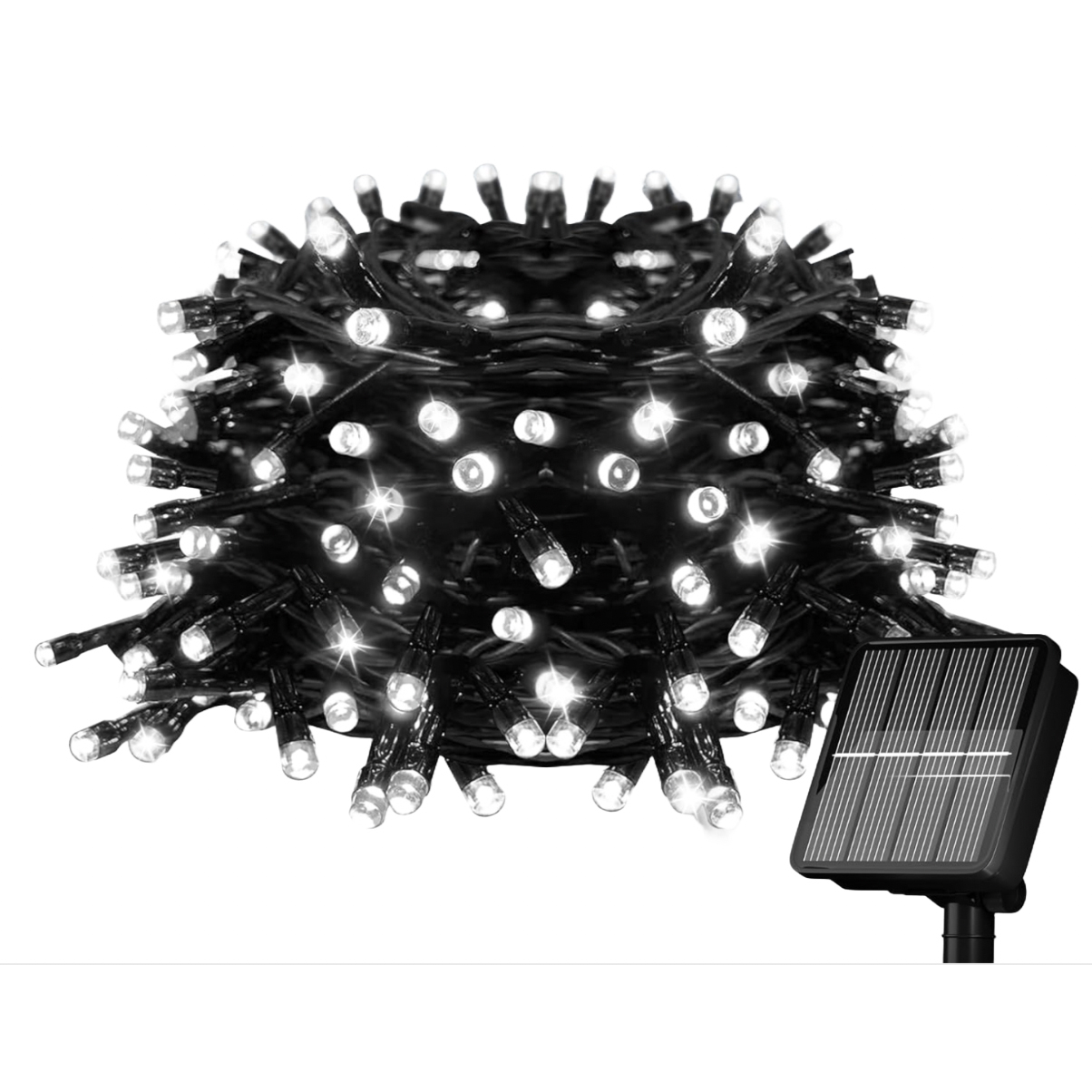 39' solar-powered string lights with numerous bright LED bulbs, suitable for outdoor use. Includes a small solar panel for charging.