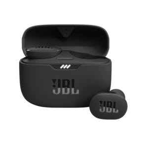 A pair of black JBL wireless earbuds with a charging case, featuring the JBL logo on both the earbuds and the case.
