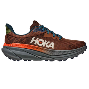 Hoka running shoe with a brown upper, blue laces, orange midsole accents, and a gray outsole.