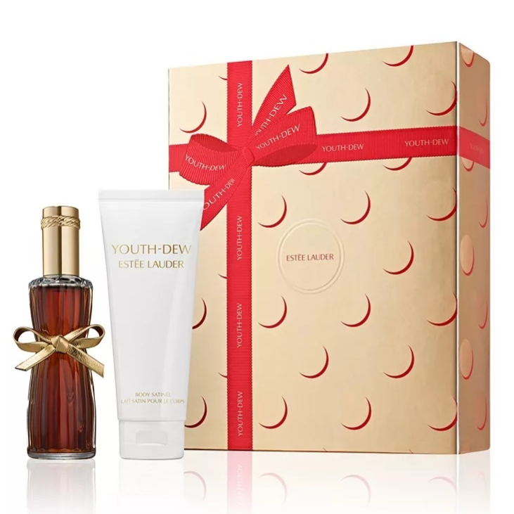 Estee Lauder Youth-Dew gift set includes a perfume bottle and body satin tube packaged in a decorative box with a red ribbon design.