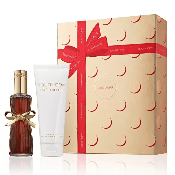 Estee Lauder Youth-Dew gift set includes a perfume bottle and body satin tube packaged in a decorative box with a red ribbon design.