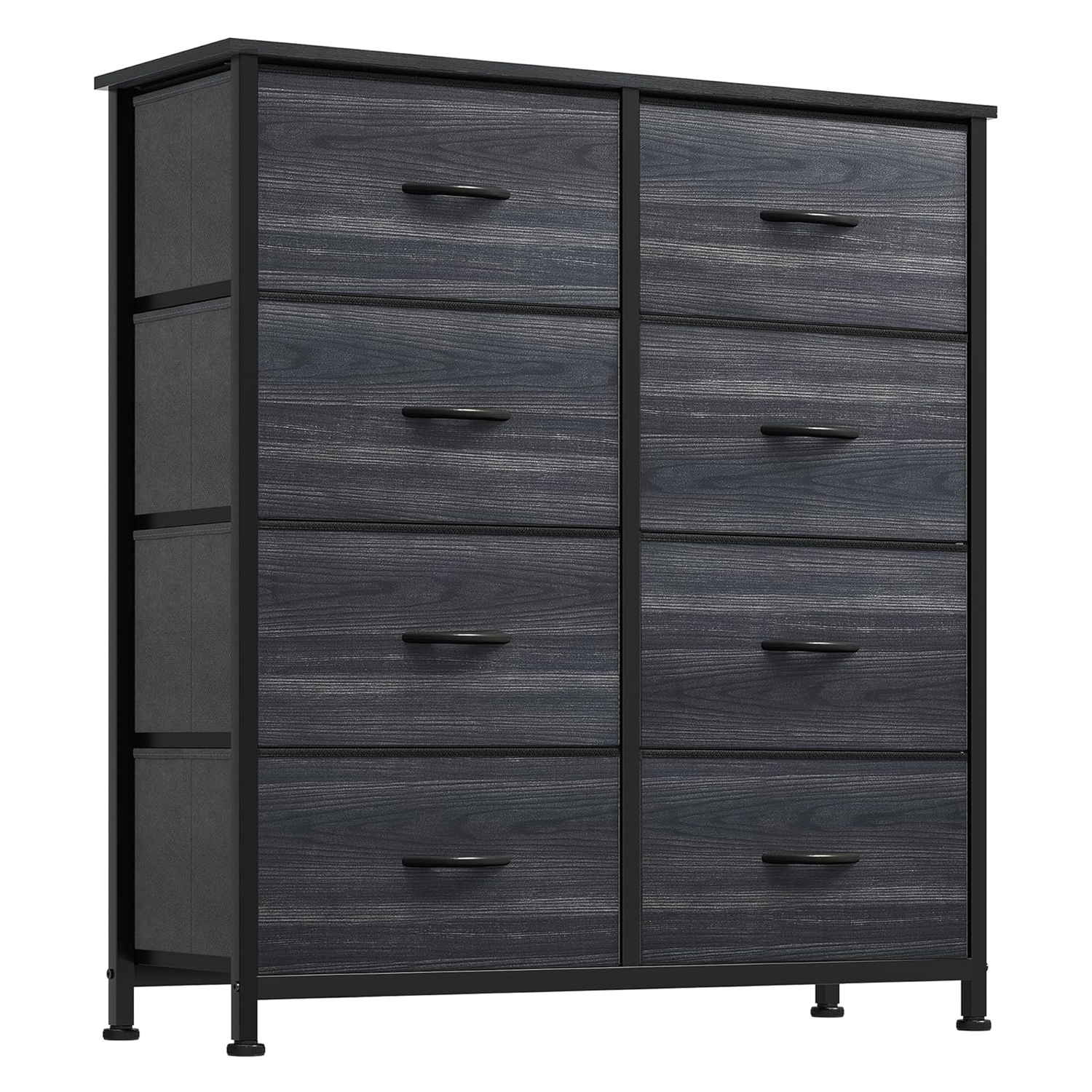 A black metal-framed dresser with eight dark wood-patterned drawers and black handles.