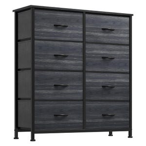 A black metal-framed dresser with eight dark wood-patterned drawers and black handles.