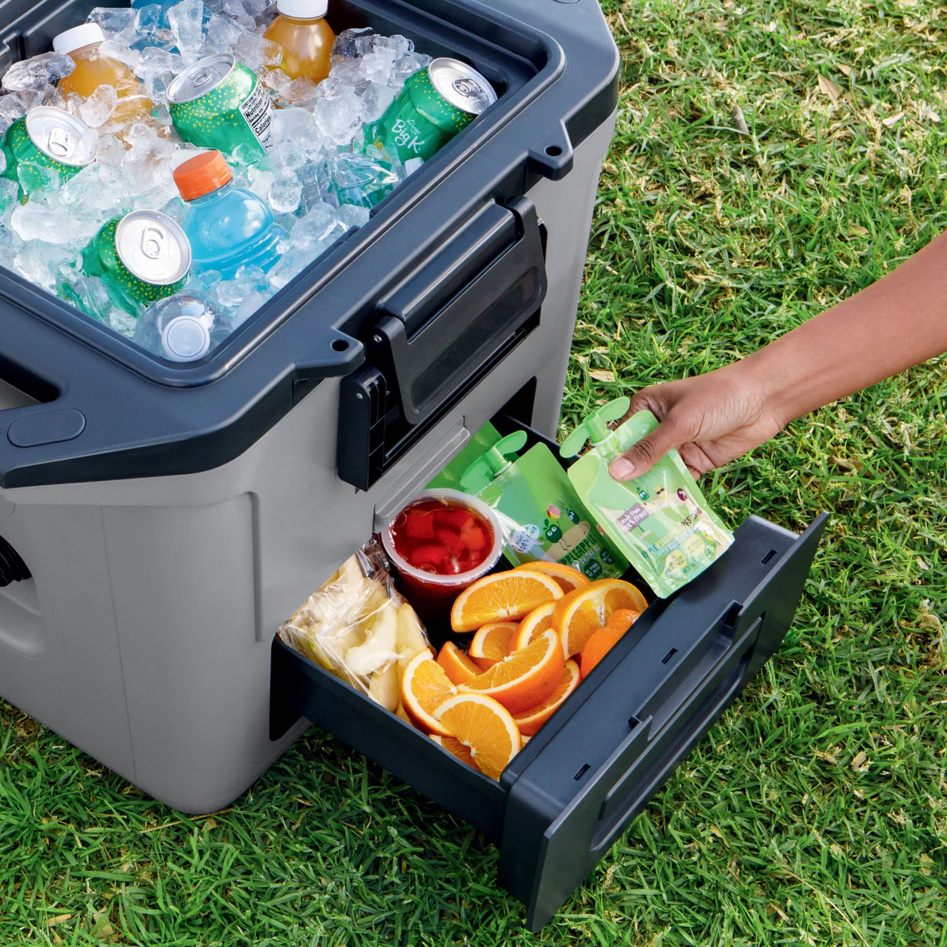 The Ninja FrostVault Cooler shown on grass features a compartment filled with ice and drinks, including cans and bottles, plus a drawer containing orange slices, snacks, and pouches.