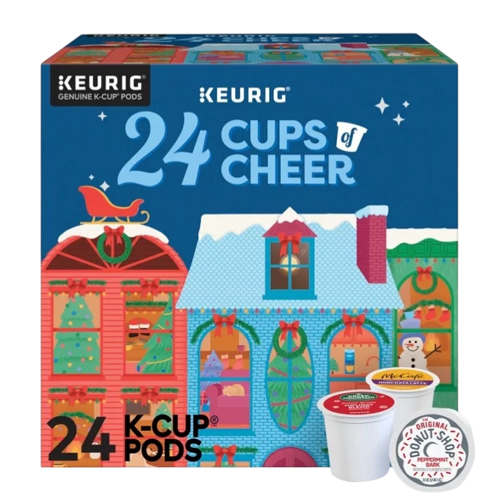 Keurig 24 Cups of Cheer K-Cup Pods offers a festive assortment of 24 coffee pods, featuring a holiday-themed box with images of decorated houses, a sleigh, and a snowman, including flavors like Original Donut Shop Peppermint Bark.