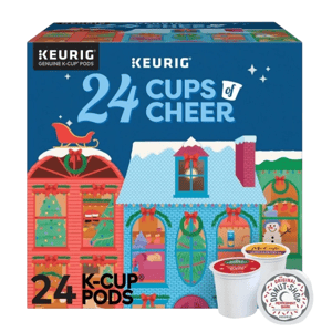 Keurig 24 Cups of Cheer K-Cup Pods offers a festive assortment of 24 coffee pods, featuring a holiday-themed box with images of decorated houses, a sleigh, and a snowman, including flavors like Original Donut Shop Peppermint Bark.