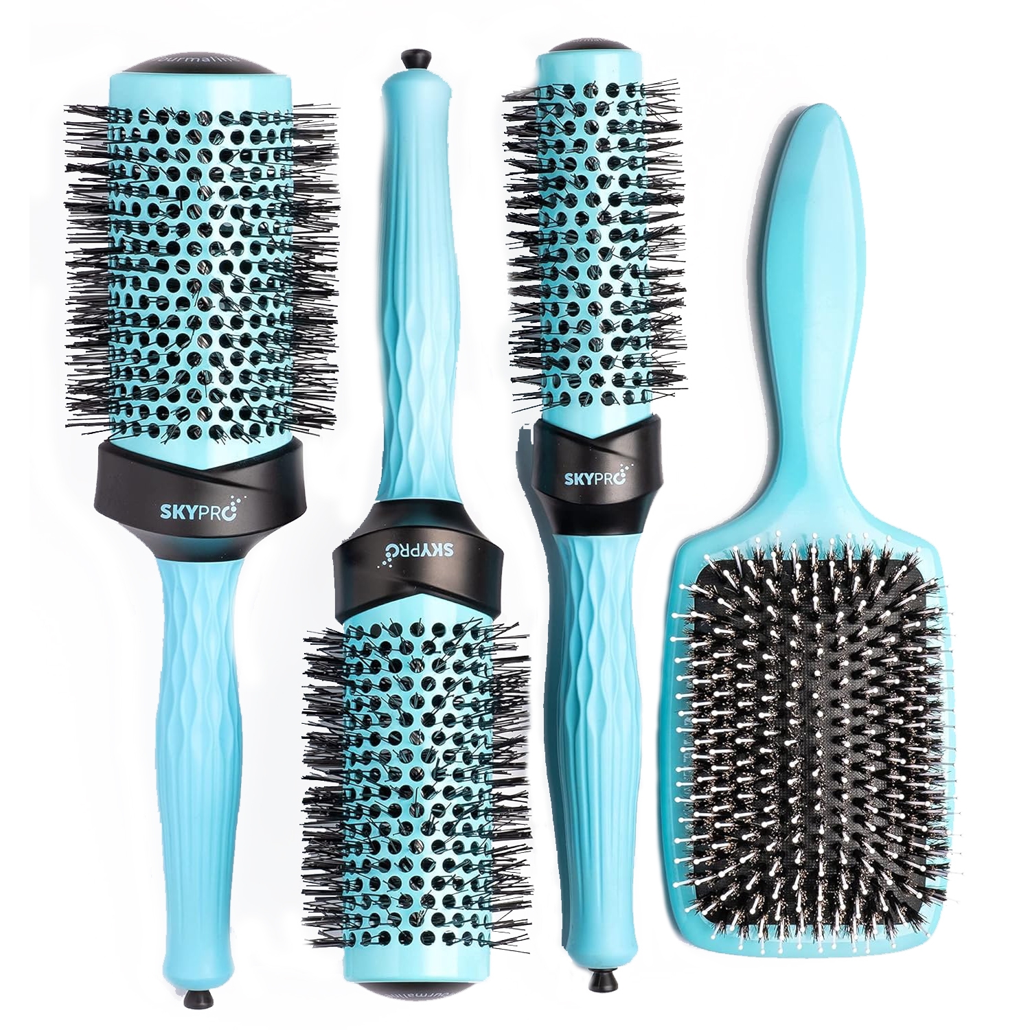 A set of four light blue hairbrushes with black bristles, including three round brushes of varying sizes and one paddle brush.