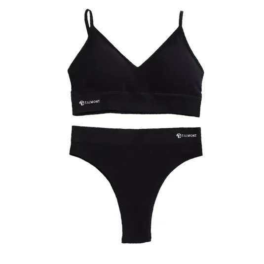 A black bralette and thong set with the brand name \“TALMONT\“ printed on both pieces.