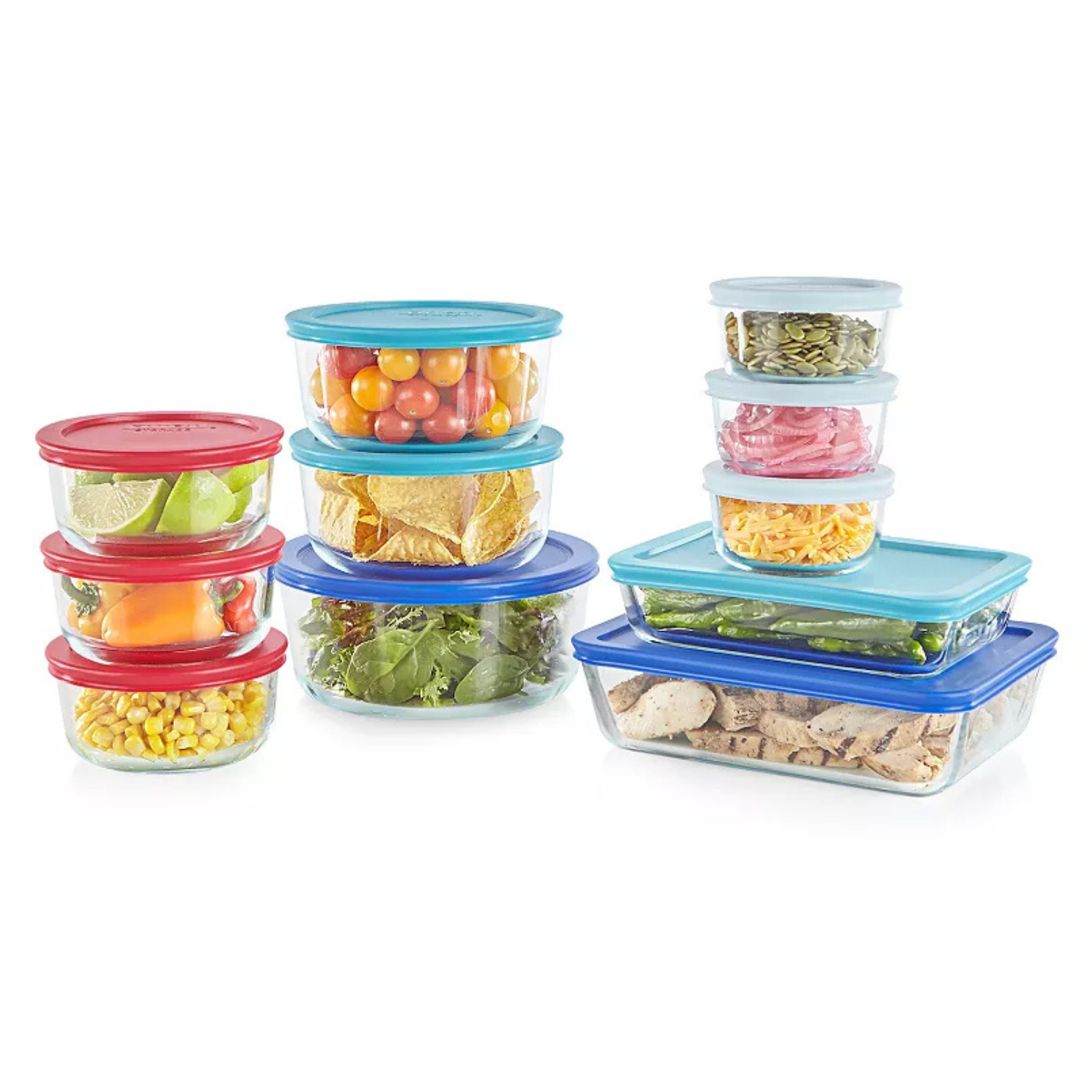 A 22-piece glass food storage set with round and rectangular containers, featuring blue and red lids. The containers are filled with various foods like vegetables, chips, cheese, and meats, highlighting versatility for storing different items.