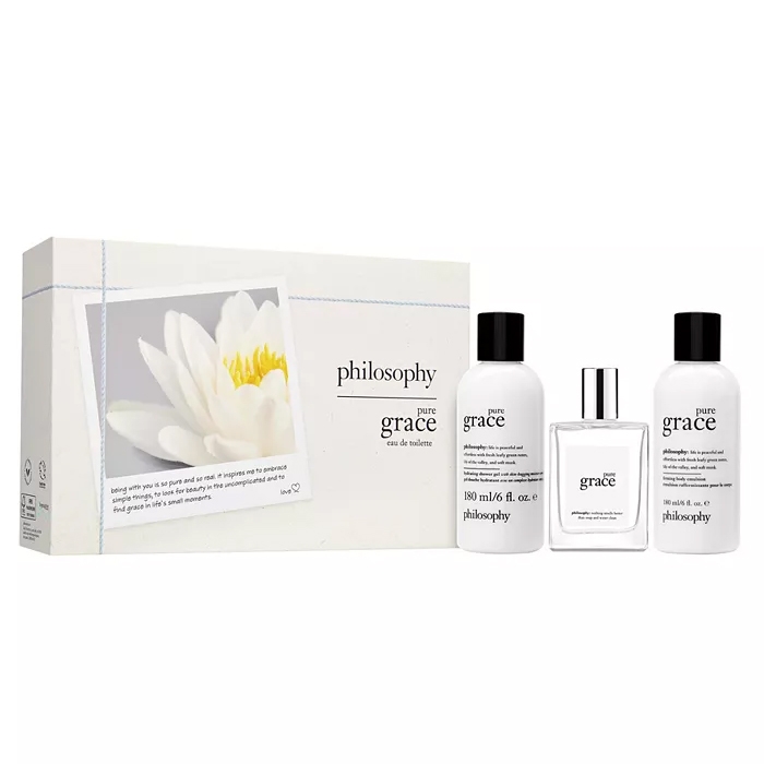 Philosophy Pure Grace 3pc Gift Set includes a 6 oz shampoo, bath & shower gel, an eau de toilette spray, and an 8 oz body lotion, all featuring the Pure Grace fragrance.