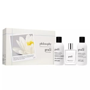 Philosophy Pure Grace 3pc Gift Set includes a 6 oz shampoo, bath & shower gel, an eau de toilette spray, and an 8 oz body lotion, all featuring the Pure Grace fragrance.