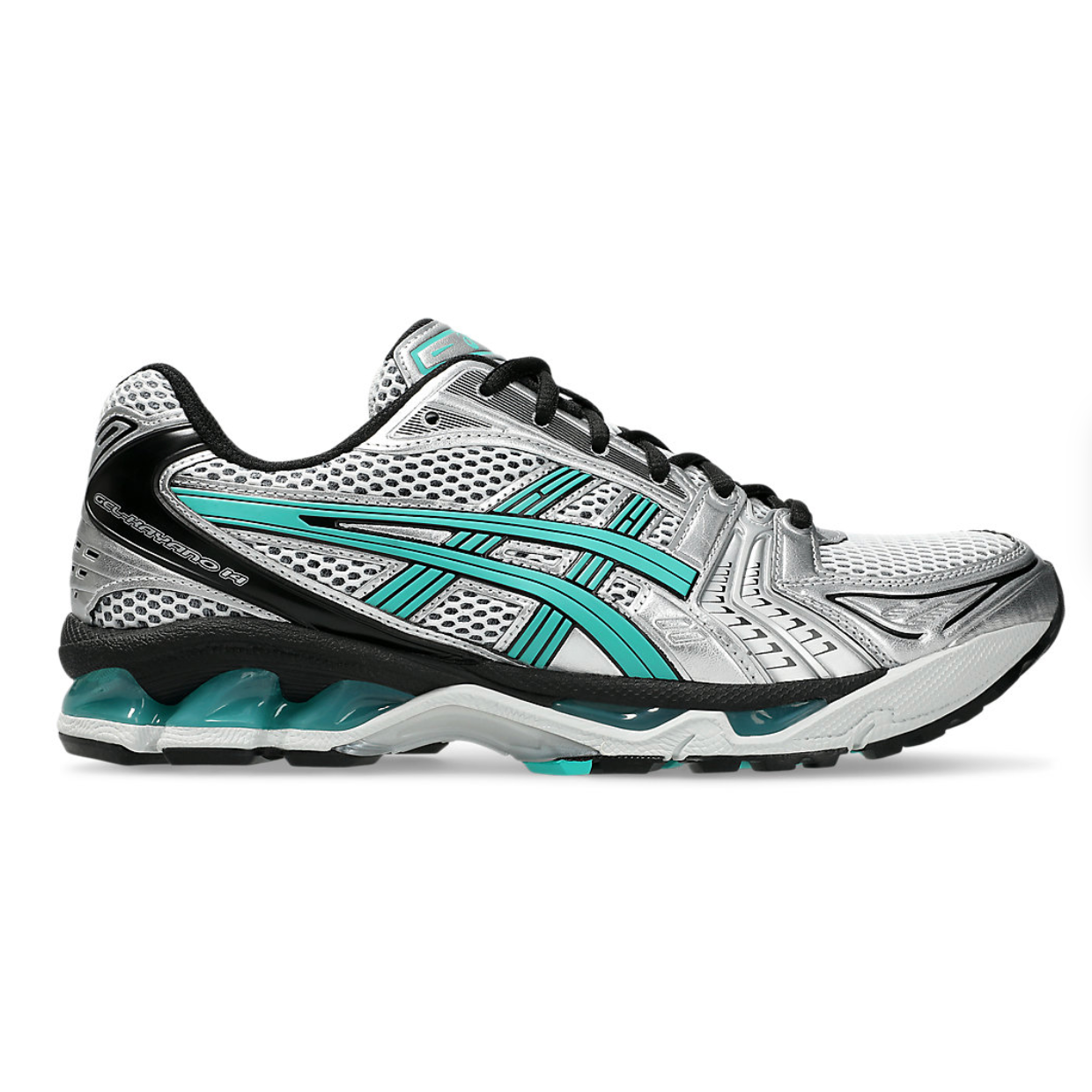 ASICS Gel-Kayano 14 running shoe featuring a silver and black design with teal accents, mesh upper for breathability, and cushioned sole for support.