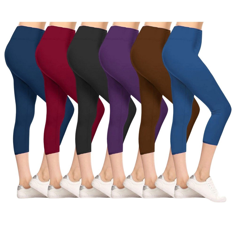 A set of six high-waisted capri leggings in blue, red, black, purple, brown, and blue colors, each paired with white sneakers.