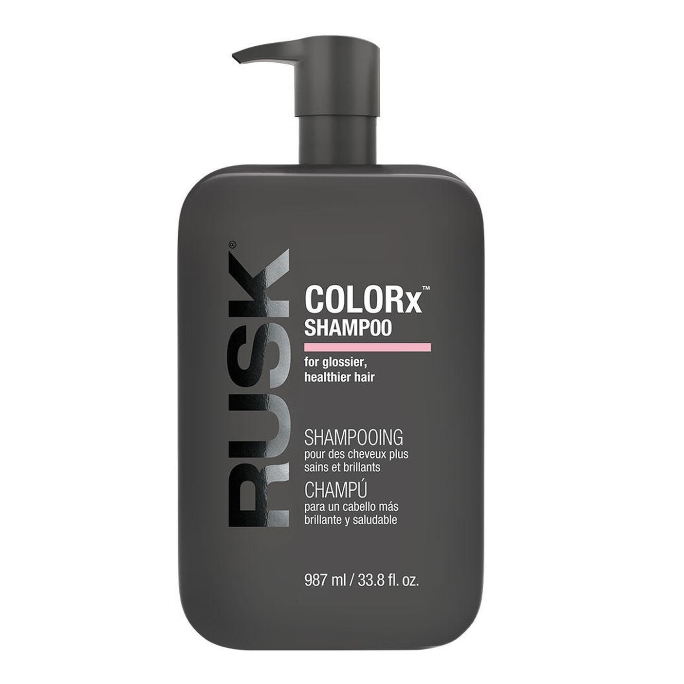 Rusk Colorx Shampoo for glossier, healthier hair, 987 ml (33.8 fl oz) bottle.