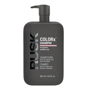 Rusk Colorx Shampoo for glossier, healthier hair, 987 ml (33.8 fl oz) bottle.