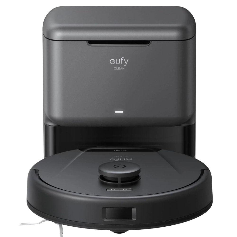 A Eufy Clean robotic vacuum with a charging and self-emptying station, featuring a sleek design and equipped with intelligent navigation technology for automated cleaning.