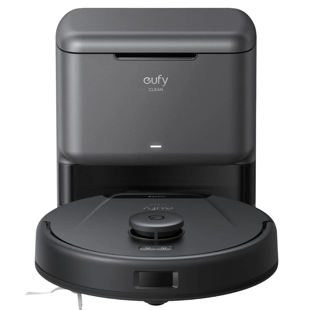 A Eufy Clean robotic vacuum with a charging and self-emptying station, featuring a sleek design and equipped with intelligent navigation technology for automated cleaning.