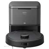 A Eufy Clean robotic vacuum with a charging and self-emptying station, featuring a sleek design and equipped with intelligent navigation technology for automated cleaning.