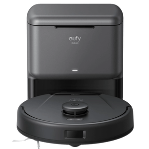 A Eufy Clean robotic vacuum with a charging and self-emptying station, featuring a sleek design and equipped with intelligent navigation technology for automated cleaning.