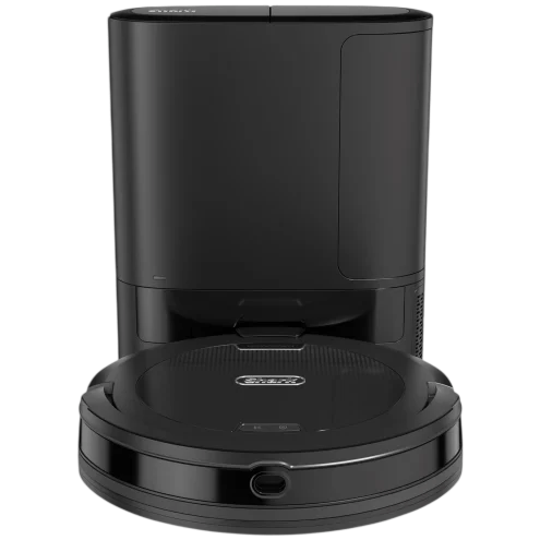 A black robot vacuum cleaner with an automatic self-emptying base.
