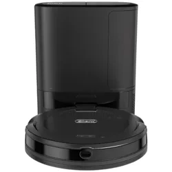 A black robot vacuum cleaner with an automatic self-emptying base.