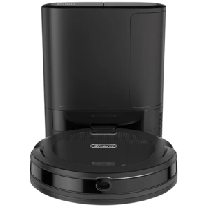 A black robot vacuum cleaner with an automatic self-emptying base.