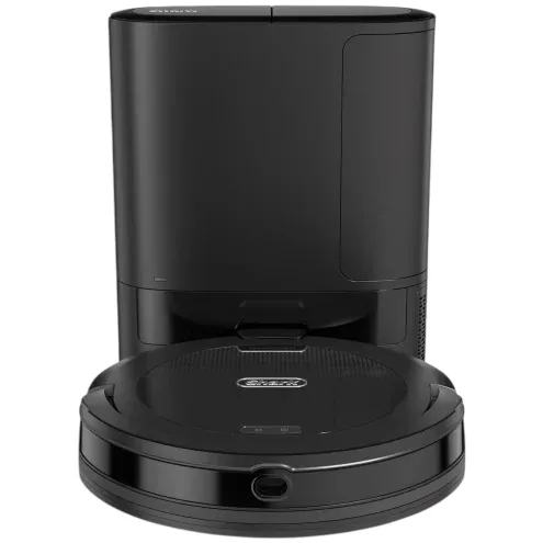 A black robot vacuum cleaner with an automatic self-emptying base.