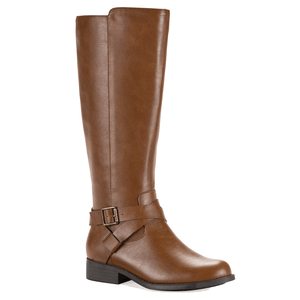 Brown knee-high leather boot with a side buckle and low heel.