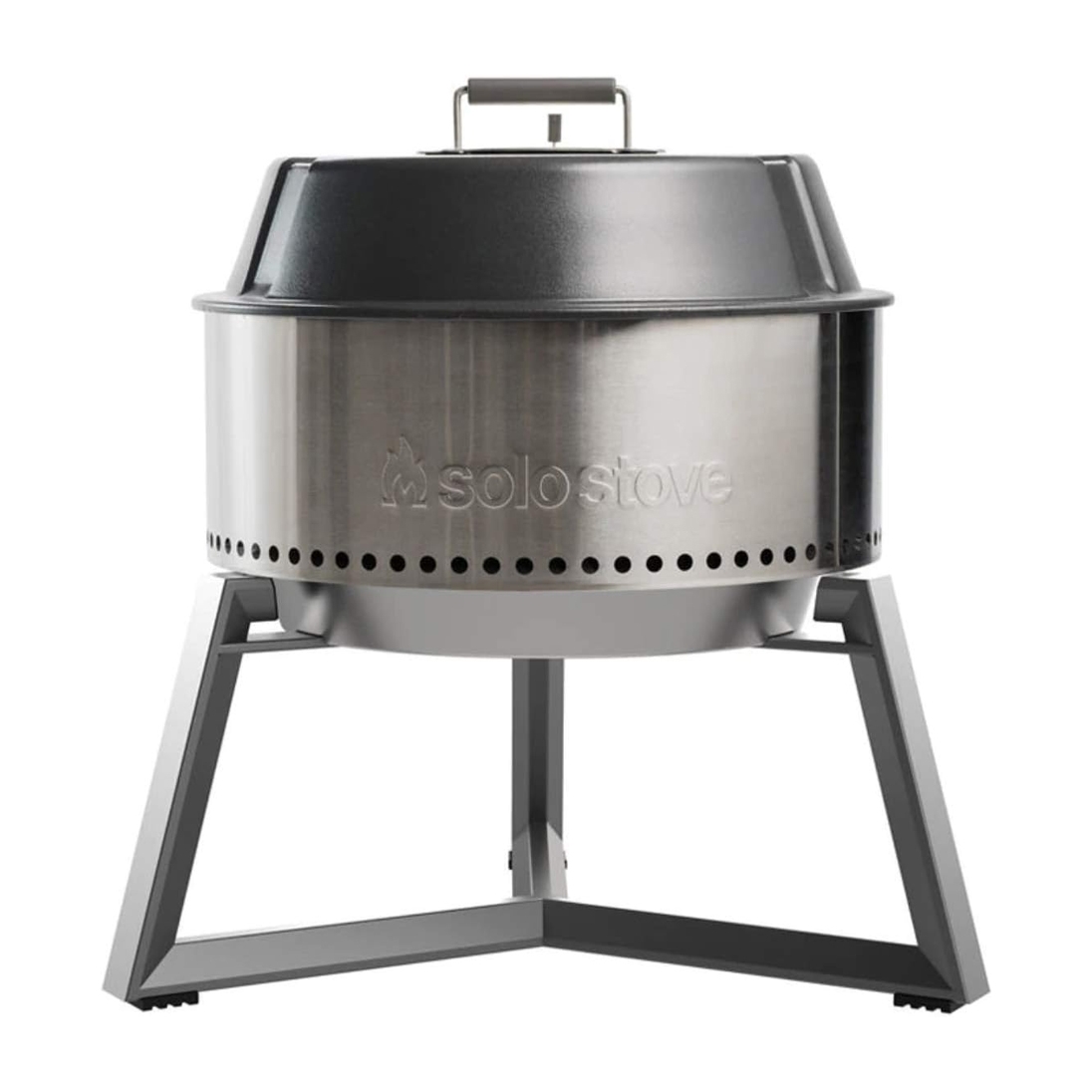 Stainless steel grill with a round design, mounted on a sturdy triangular stand, and comes with a handle on the domed lid.