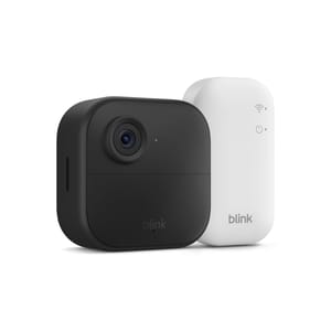 Black Blink security camera and white Sync Module 2 for smart home monitoring.