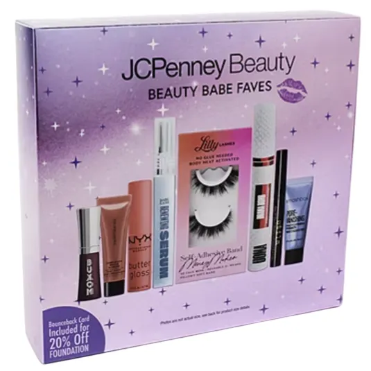 JCPenney Beauty \“Beauty Babe Faves\“ set includes Buxom lip gloss, NYX Butter Gloss, Babe Original Lash Serum, Lilly Lashes, Maybelline mascara, and a primer. Includes a card for 20% off foundation. Package features a purple starry design.