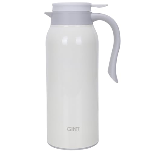 A white 51oz thermal carafe with a gray lid and handle, featuring the brand \“GiNT\“ on its side.
