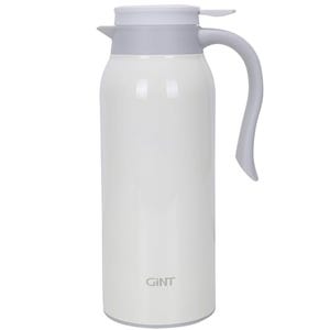 A white 51oz thermal carafe with a gray lid and handle, featuring the brand \“GiNT\“ on its side.