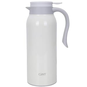 A white 51oz thermal carafe with a gray lid and handle, featuring the brand \“GiNT\“ on its side.