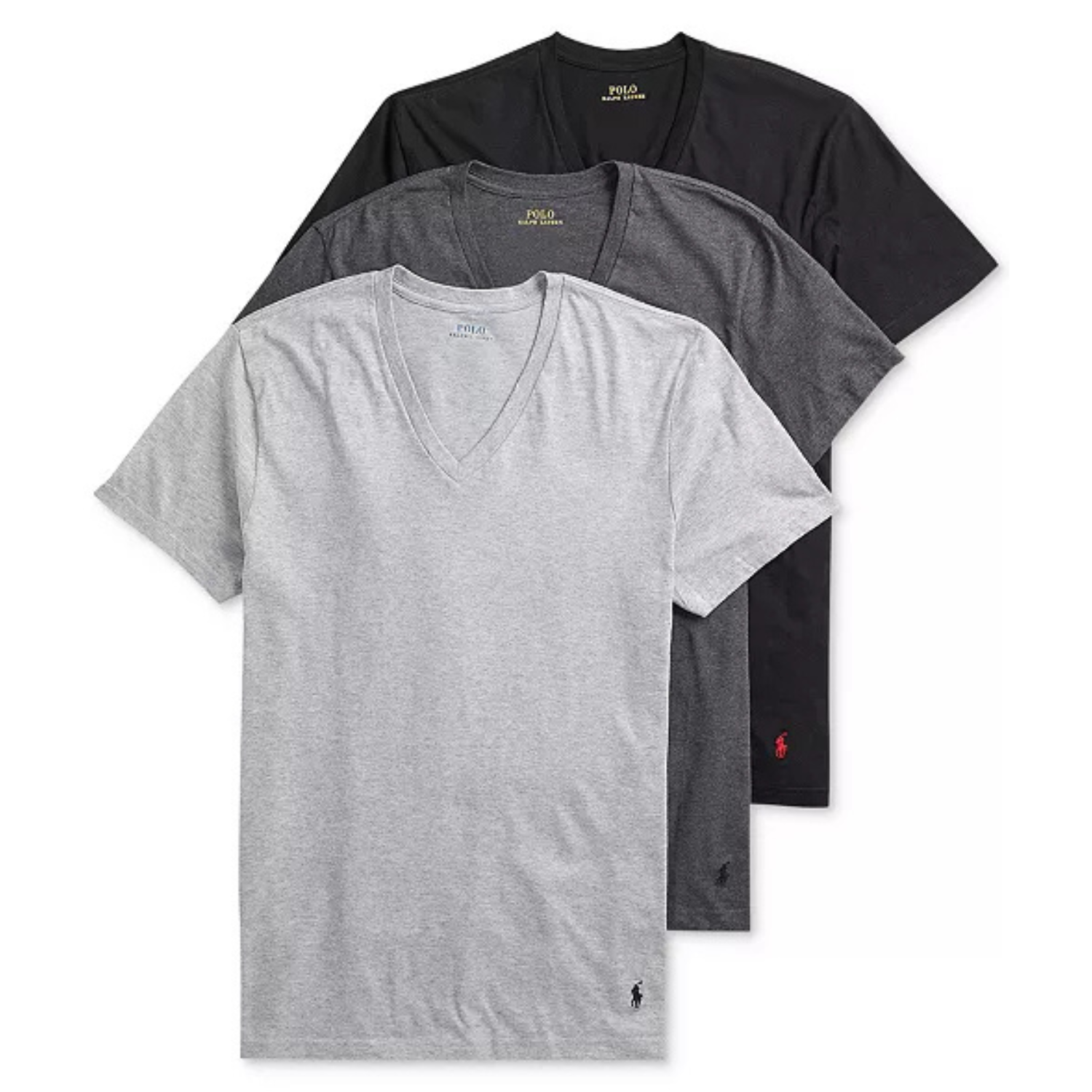Three V-neck T-shirts by Polo Ralph Lauren are displayed in black, grey, and white, each with the brand's signature embroidered pony on the lower left hem.