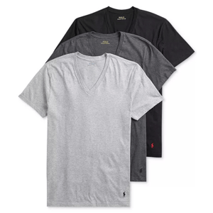 Three V-neck T-shirts by Polo Ralph Lauren are displayed in black, grey, and white, each with the brand's signature embroidered pony on the lower left hem.