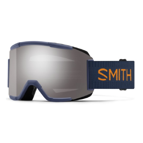A pair of blue-frame ski goggles with a reflective lens and an adjustable strap featuring the brand name \“Smith\“ in orange.
