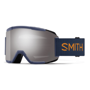 A pair of blue-frame ski goggles with a reflective lens and an adjustable strap featuring the brand name \“Smith\“ in orange.
