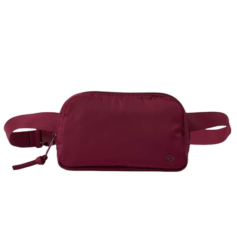 Maroon belt bag with a compact design, featuring a zippered main compartment, adjustable strap, and subtle logo on the front corner.