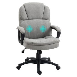 A gray ergonomic office chair with a cushioned seat and backrest, equipped with built-in massage features symbolized by two glowing icons on the back area, mounted on a black swivel base with wheels.