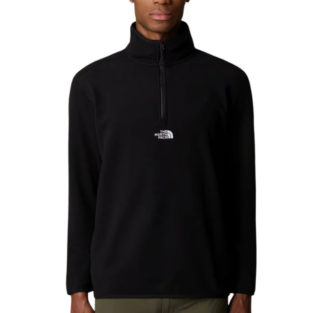 A black North Face quarter-zip fleece pullover with a logo on the chest.