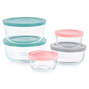 A 10-piece Pyrex glass storage set with clear, round containers and lids in teal, pink, and gray. Perfect for food storage, the set includes various sizes for versatile use.