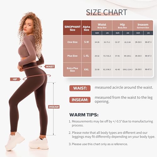 Size chart for leggings with measurements in waist, hip, and inseam. Includes sizes: One Size (S-M), Plus Size (L-XL), Extra Plus Size (XXL). Measurements may vary slightly due to manufacturing.