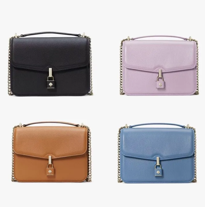 Four different colored shoulder bags with chain straps: black, pale pink, tan, and light blue.