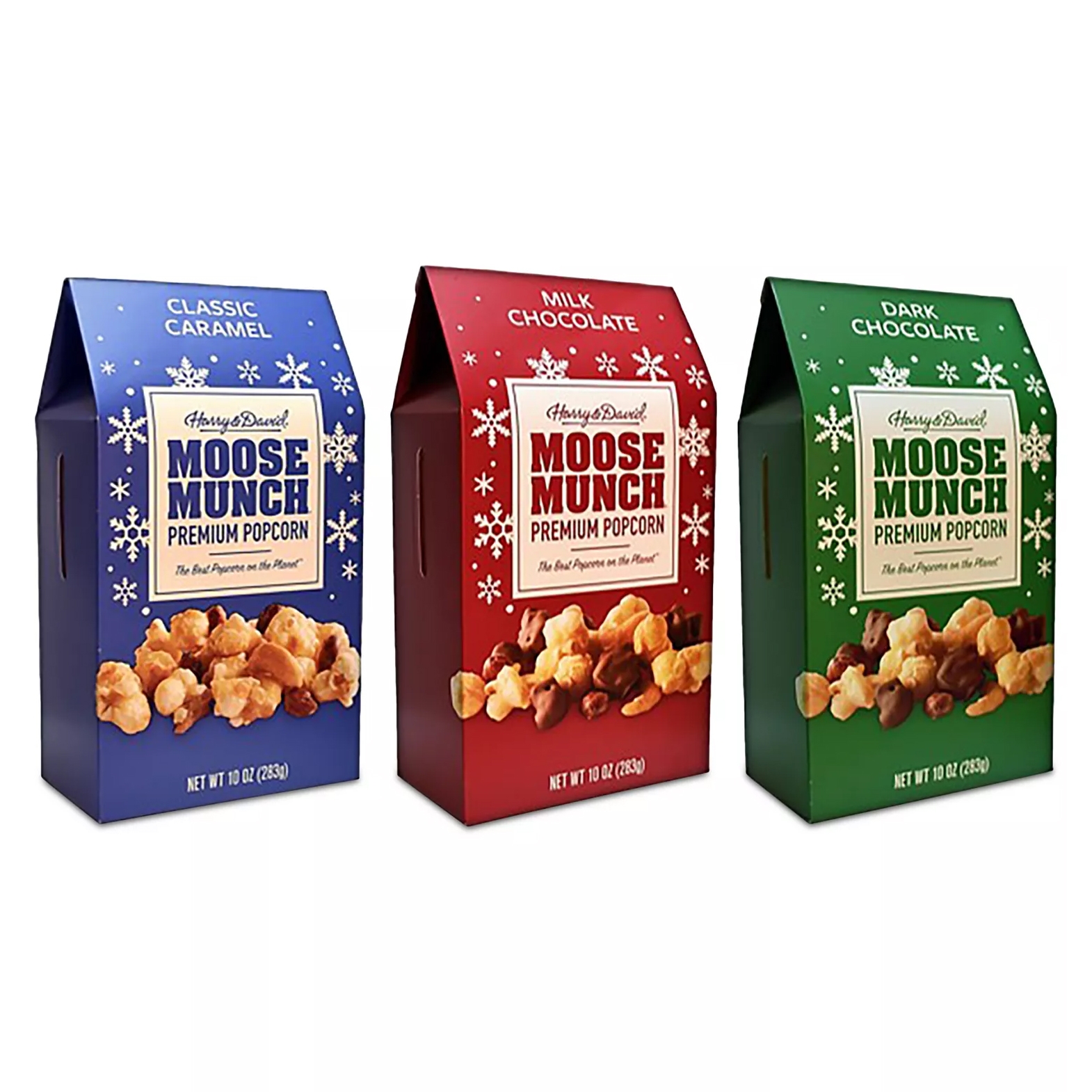 Three boxes of Moose Munch Premium Popcorn in Classic Caramel, Milk Chocolate, and Dark Chocolate flavors, each weighing 10 oz (283g).