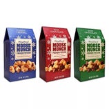 Three boxes of Moose Munch Premium Popcorn in Classic Caramel, Milk Chocolate, and Dark Chocolate flavors, each weighing 10 oz (283g).