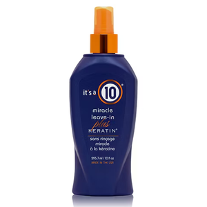 It's a 10 Miracle Leave-In Plus Keratin spray in a blue bottle with an orange cap, 295.7 ml (10 fl oz), made in the USA.